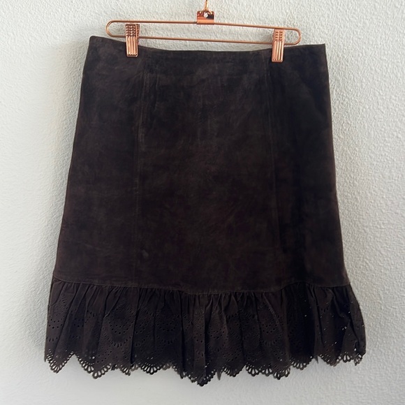 Anthropologie Elevenses 100% Leather Brown Lazer Cut Ruffle Hem Skirt 0 - Picture 1 of 8